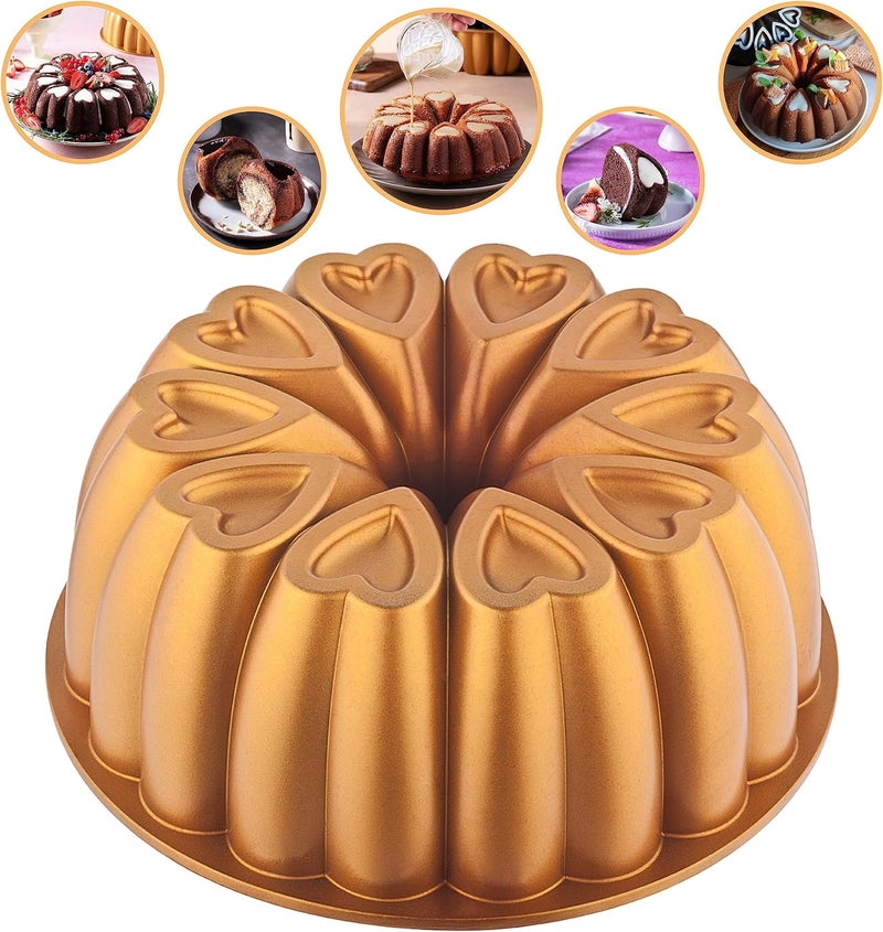 MIENCA Heart Shape Aluminum Cake Pan, Titanium Coating, Non-Stick, 12 Cups, Heavy Duty, Gifts for Mom, Molded Cake Pan, 10 Inch Baking Mold, Cast Aluminum Fluted Tube Pan, Easy to Clean (Gold) - Image 1