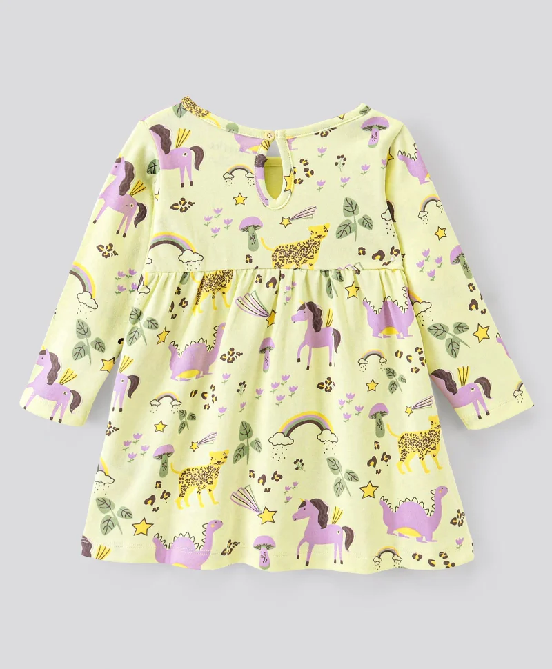 Bonfino Bonfino 100% Cotton Knit Full Sleeves Frock with Dino Print - Yellow