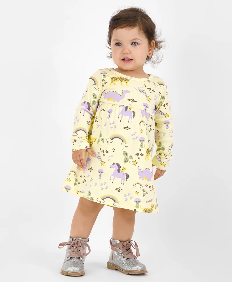 Bonfino Bonfino 100% Cotton Knit Full Sleeves Frock with Dino Print - Yellow
