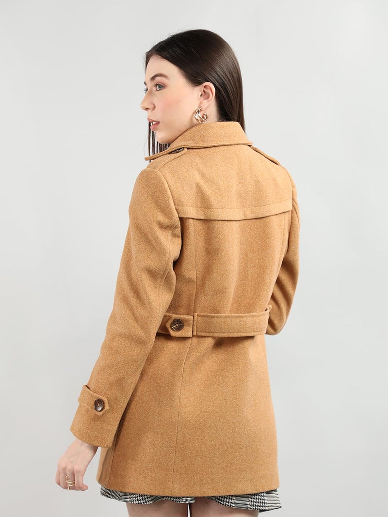 CHKOKKO Women Elegant Winter Long Coat Double Breasted | Hip Length Design with Notched Lapel Collar and Practical Front Side Pockets for Sophisticated Appeal CAMEL 3XL - Image 4