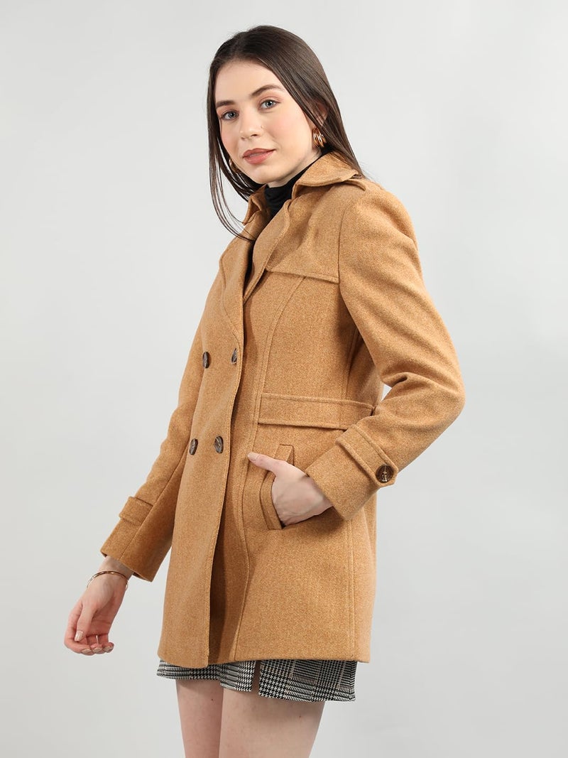 CHKOKKO Women Elegant Winter Long Coat Double Breasted | Hip Length Design with Notched Lapel Collar and Practical Front Side Pockets for Sophisticated Appeal CAMEL 3XL - Image 5