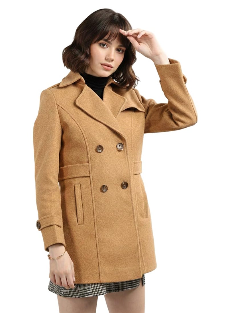 CHKOKKO Women Elegant Winter Long Coat Double Breasted | Hip Length Design with Notched Lapel Collar and Practical Front Side Pockets for Sophisticated Appeal CAMEL 3XL - Image 1