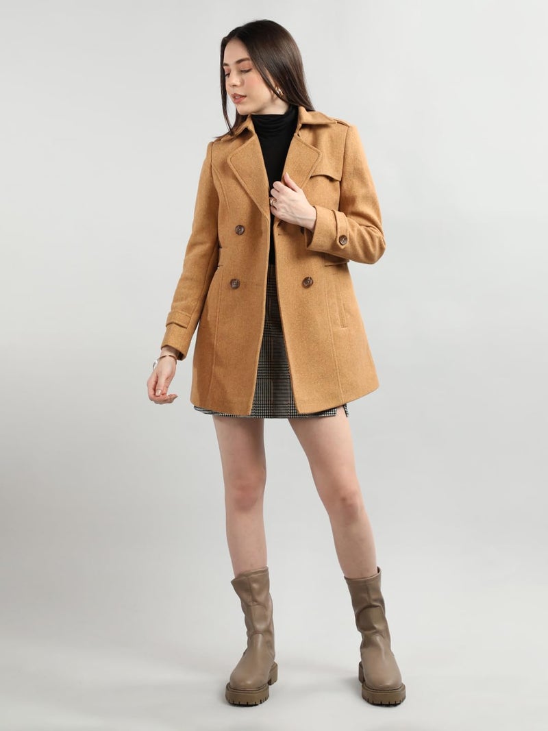 CHKOKKO Women Elegant Winter Long Coat Double Breasted | Hip Length Design with Notched Lapel Collar and Practical Front Side Pockets for Sophisticated Appeal CAMEL 3XL - Image 3