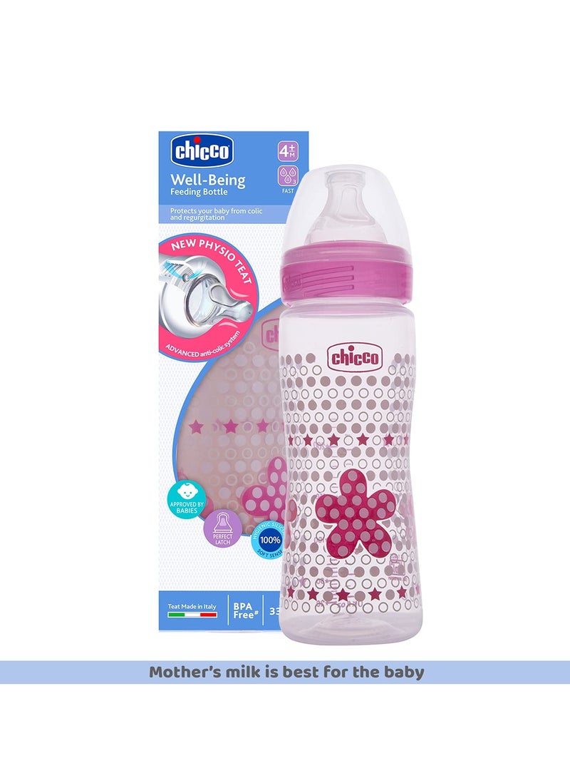 Chicco Well-Being Baby Feeding Bottle, 330ml, 4+ Months | Advanced Anti-Colic Nipple | Soft Silicon Teat | Wide Neck, Anti-Drip Bottle |BPA Free (Pink) - Image 2
