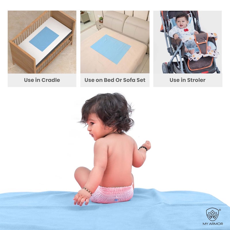 MY ARMOR Baby Dry Sheet for New Born Baby, Anti-Piling Waterproof Mattress Protector for Bed (Quick Drying/Extra Absorbent Dry Sheet for Bed) - Small Size 50x70 cm, Pack of 2, Sky Blue