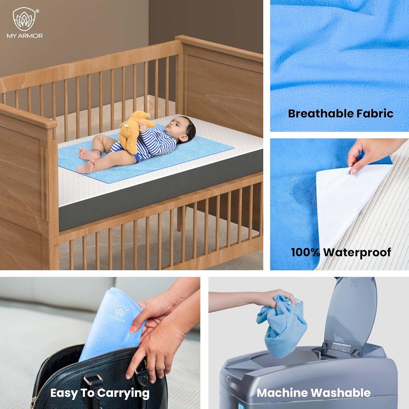 MY ARMOR Baby Dry Sheet for New Born Baby, Anti-Piling Waterproof Mattress Protector for Bed (Quick Drying/Extra Absorbent Dry Sheet for Bed) - Small Size 50x70 cm, Pack of 2, Sky Blue