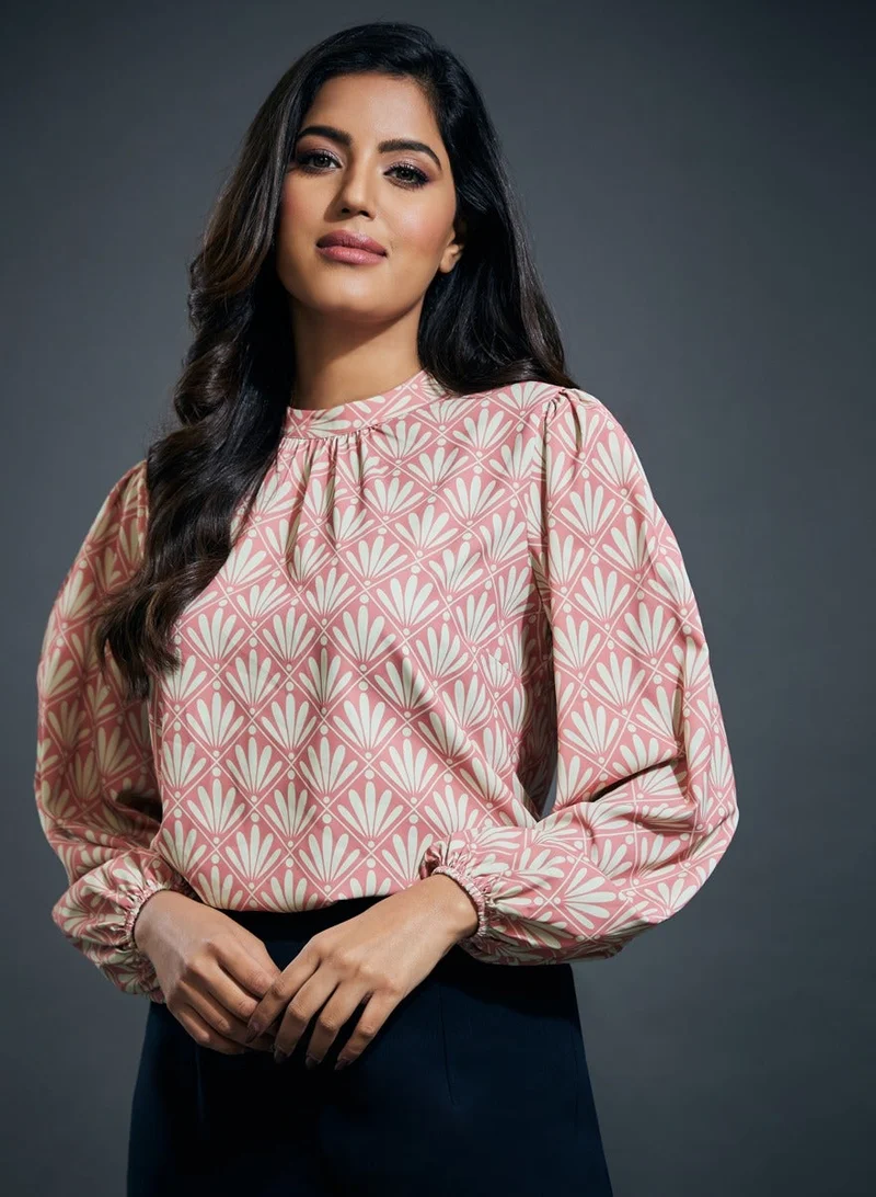 زجزاج بلوزة بأكمام طويلة وطبعة وياقة عالية