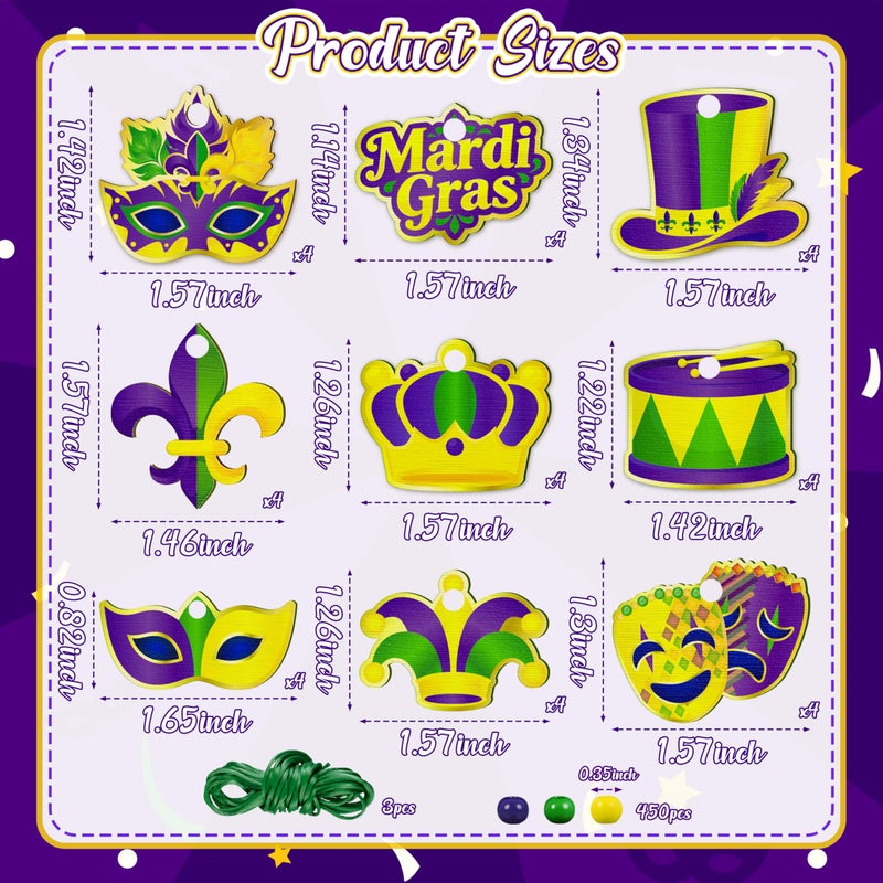 Eternity sky 36 Pcs Mardi Gras Beads Necklace Kit - DIY Purple Green Gold Wooden Craft Pendant Set for Carnival Party Favors - 9 Styles - Image 5