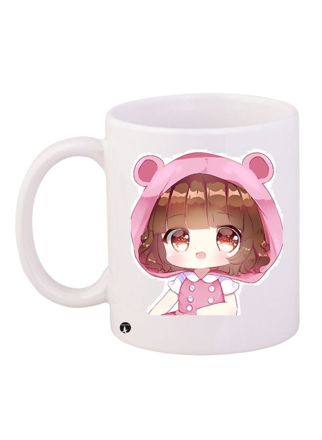 RYN Cartoon Girl Themed Coffee Mug White/Pink/Brown 11ounce