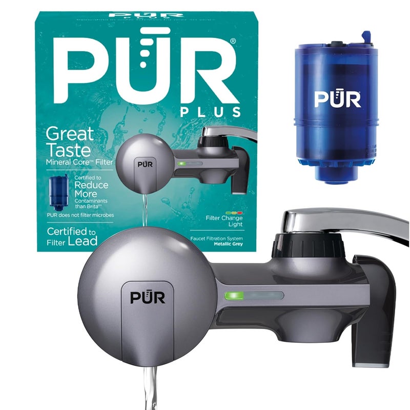 Pur Plus Horizontal Faucet Mount Filtration System with 3-in-1 Lead Reducing Filter, Water Filter for Sink, Lasts 100 Gallons, Compatible with Sinks with External Aerators, Metallic Grey - Image 1