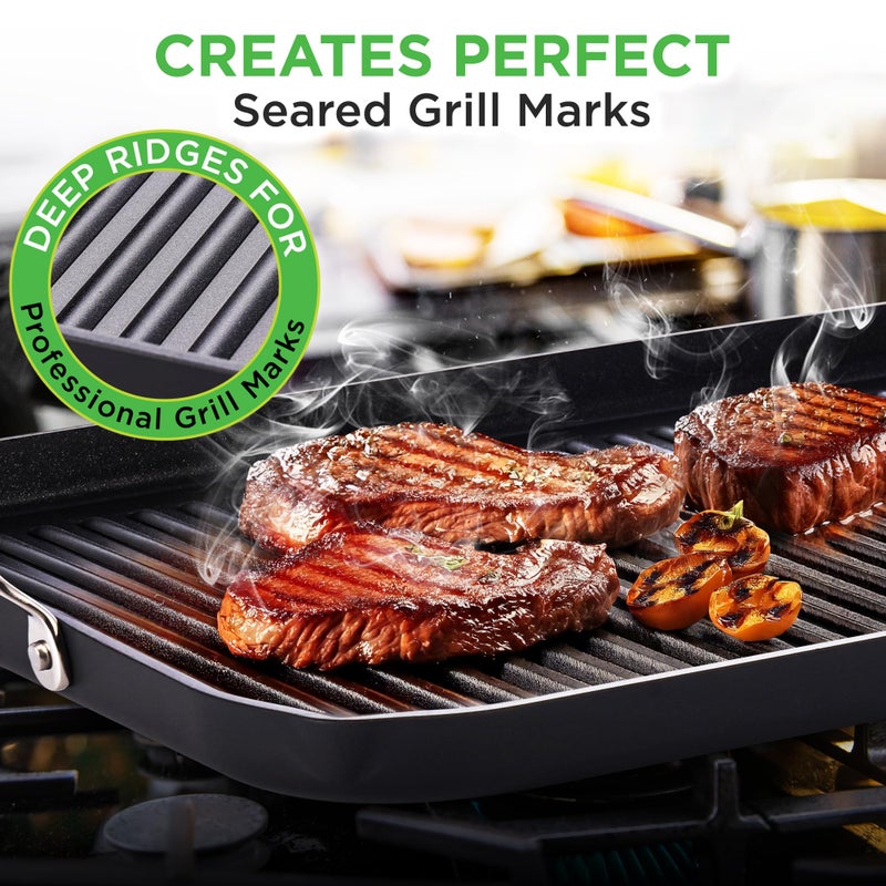NutriChef 20"x13" Stove Top Grill Pan - Double Burner, Cast Iron Hard-Anodized Non stick Grill & Griddle Pan - Image 3