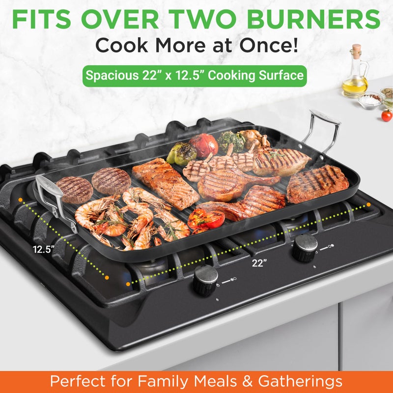 NutriChef 20"x13" Stove Top Grill Pan - Double Burner, Cast Iron Hard-Anodized Non stick Grill & Griddle Pan - Image 2