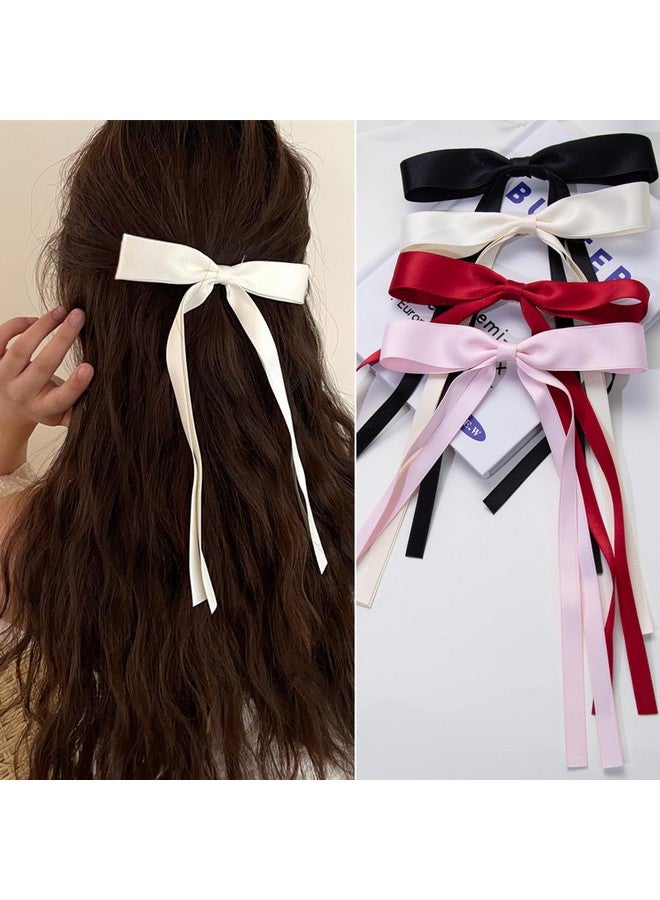 mythos 4 Pcs Ribbon Hair Clips Bowknot With Long Tailbow Hair Clipshair Clips For Women With Bowknot Clipshair Bows For Women Ribbon For Hair Barrettes Bow Clips(Black Cream White Pink Wine Red) - Image 1