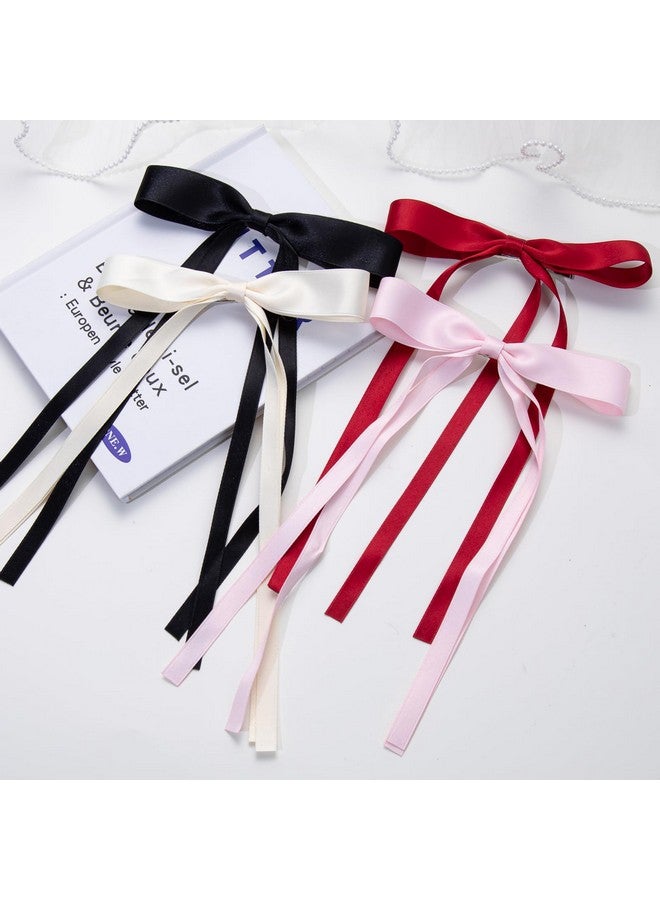 mythos 4 Pcs Ribbon Hair Clips Bowknot With Long Tailbow Hair Clipshair Clips For Women With Bowknot Clipshair Bows For Women Ribbon For Hair Barrettes Bow Clips(Black Cream White Pink Wine Red) - Image 5