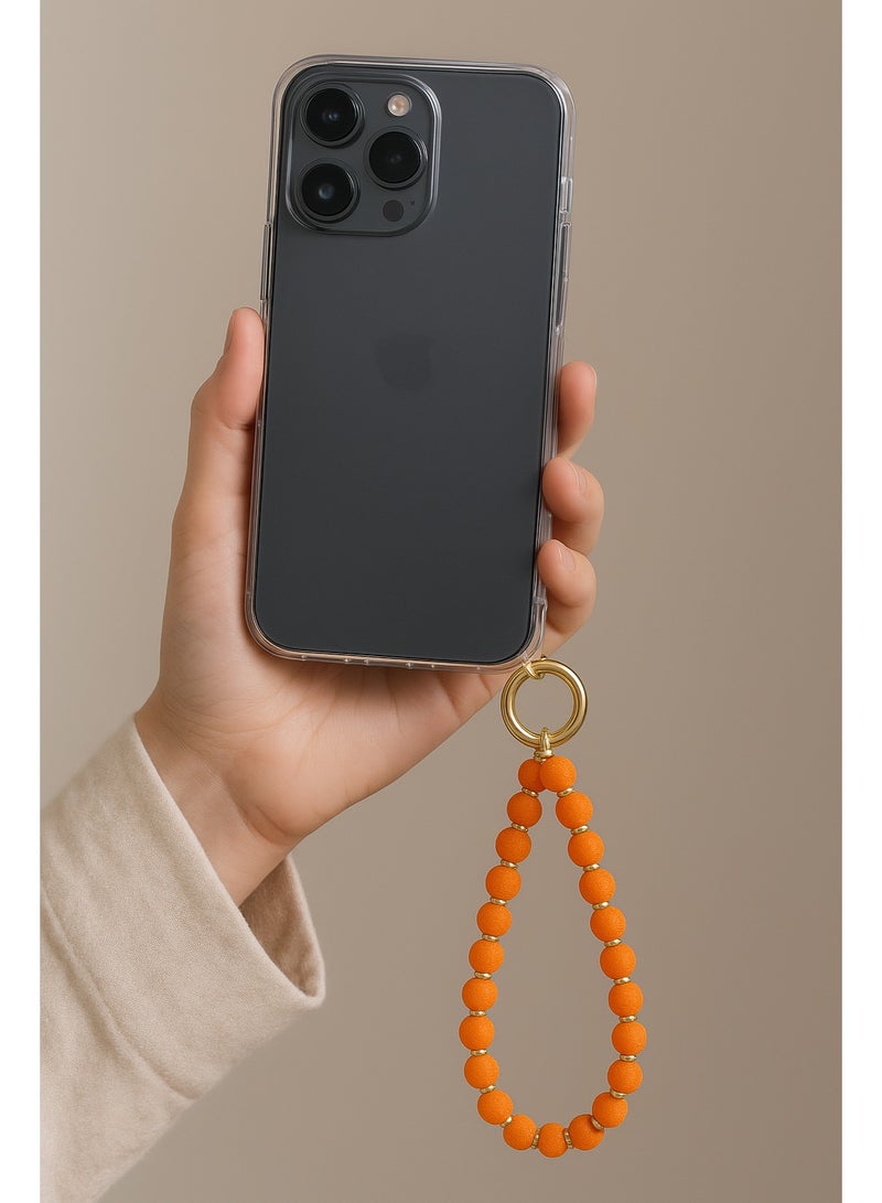 سلسلة موبايل خرز برتقالي – سوار يد أنيق مع فواصل معدن لامعة - Image 2