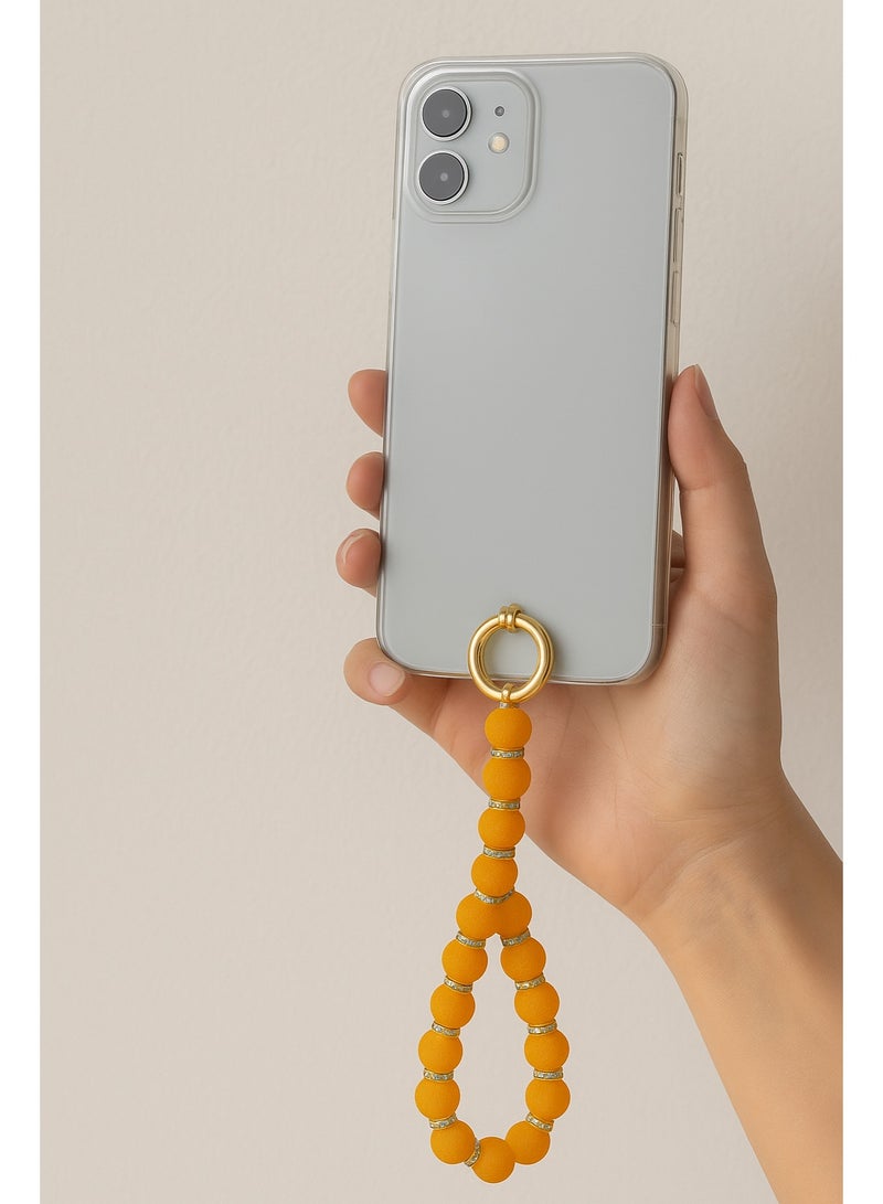 سلسلة موبايل خرز برتقالي – سوار يد أنيق مع فواصل معدن لامعة - Image 3