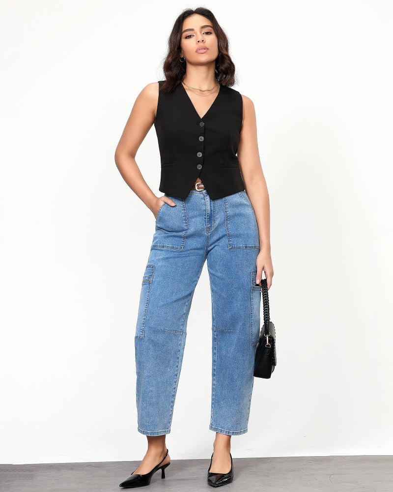 GRAPENT Women's High-Waisted Stretchy Barrel Leg Denim Cargo Pants - Western Crop Balloon Jeans in Bay Blue, Size 8 to 10 - Image 4