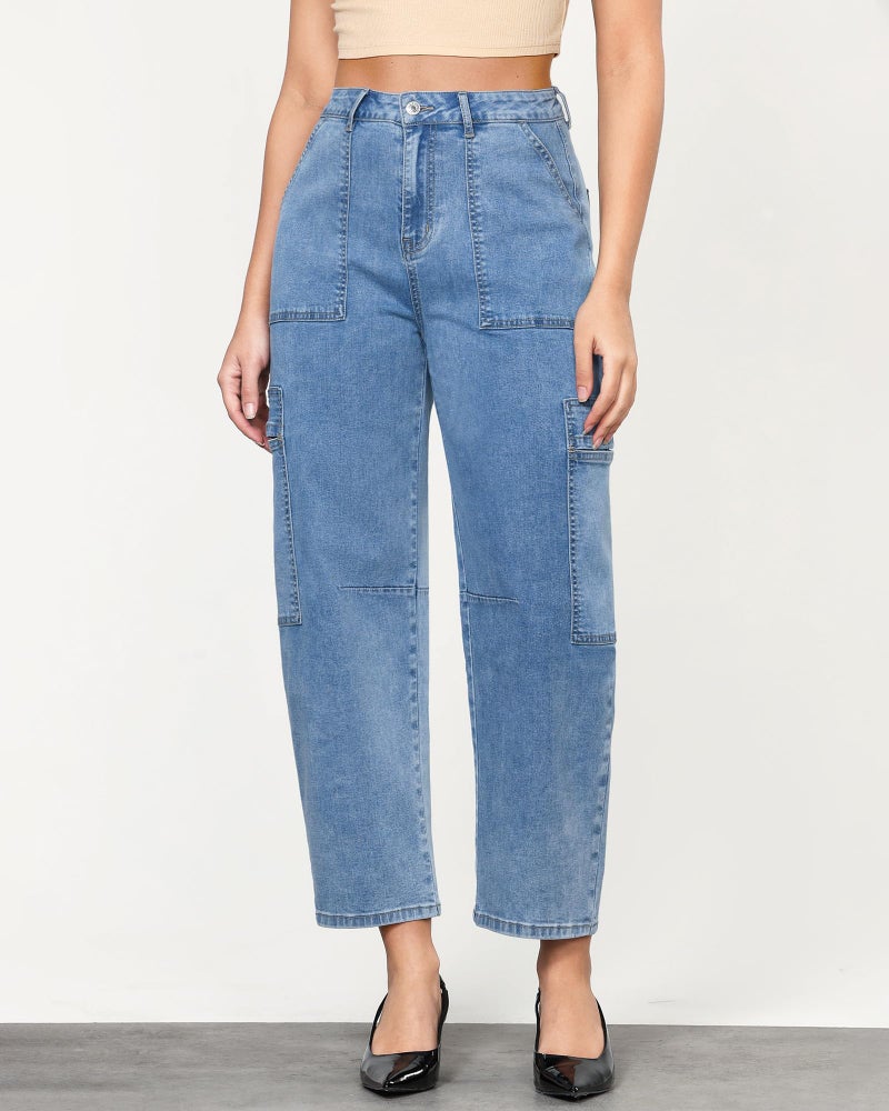 GRAPENT Women's High-Waisted Stretchy Barrel Leg Denim Cargo Pants - Western Crop Balloon Jeans in Bay Blue, Size 8 to 10 - Image 2