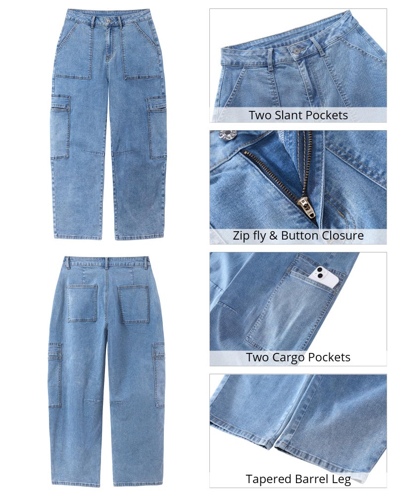 GRAPENT Women's High-Waisted Stretchy Barrel Leg Denim Cargo Pants - Western Crop Balloon Jeans in Bay Blue, Size 8 to 10 - Image 5