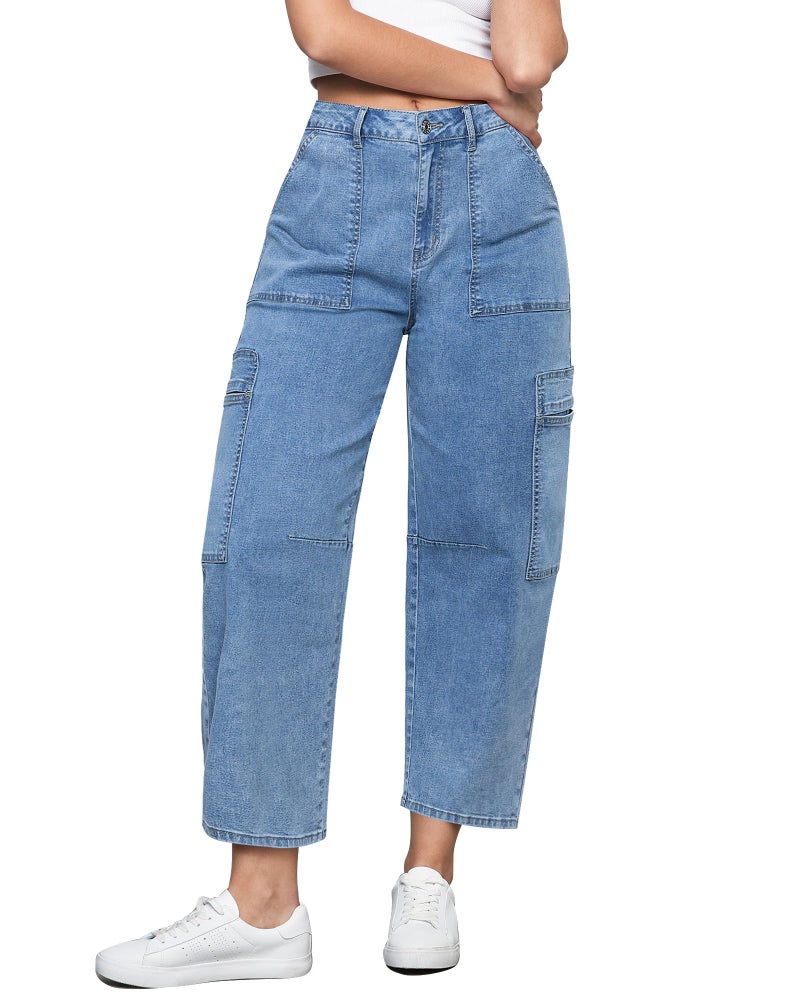 GRAPENT Women's High-Waisted Stretchy Barrel Leg Denim Cargo Pants - Western Crop Balloon Jeans in Bay Blue, Size 8 to 10 - Image 1