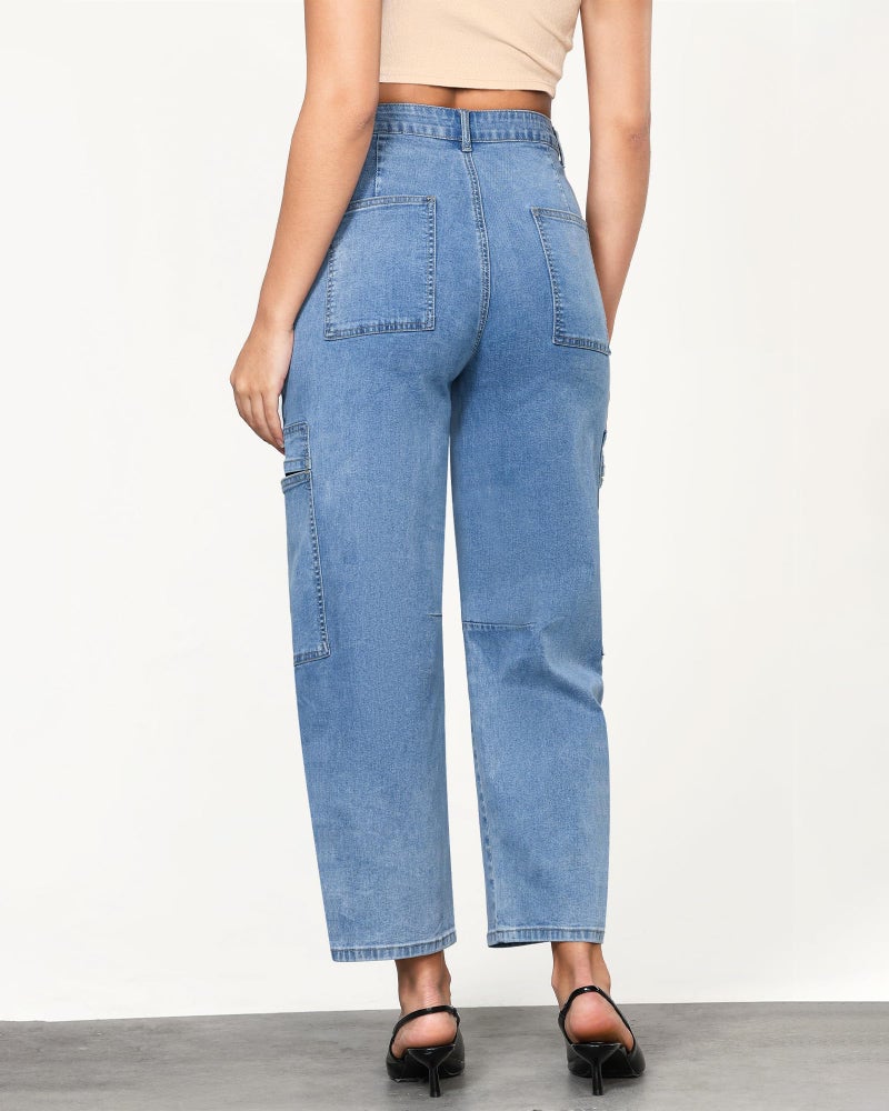 GRAPENT Women's High-Waisted Stretchy Barrel Leg Denim Cargo Pants - Western Crop Balloon Jeans in Bay Blue, Size 8 to 10 - Image 3