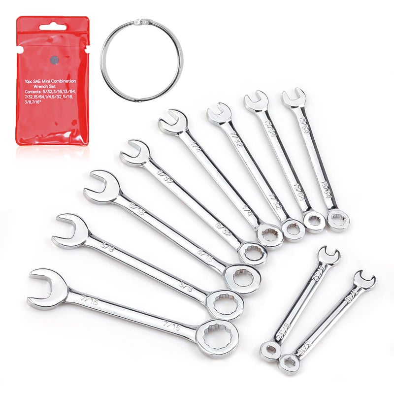 LEONTOOL Mini Wrench Set Sae 10 Pcs 5/32" To 7/16" Standard Combination Ignition Wrench Set Small Open End and Box End Spanner with Key Ring for Automotive Technicians and Industrial Users - Image 1