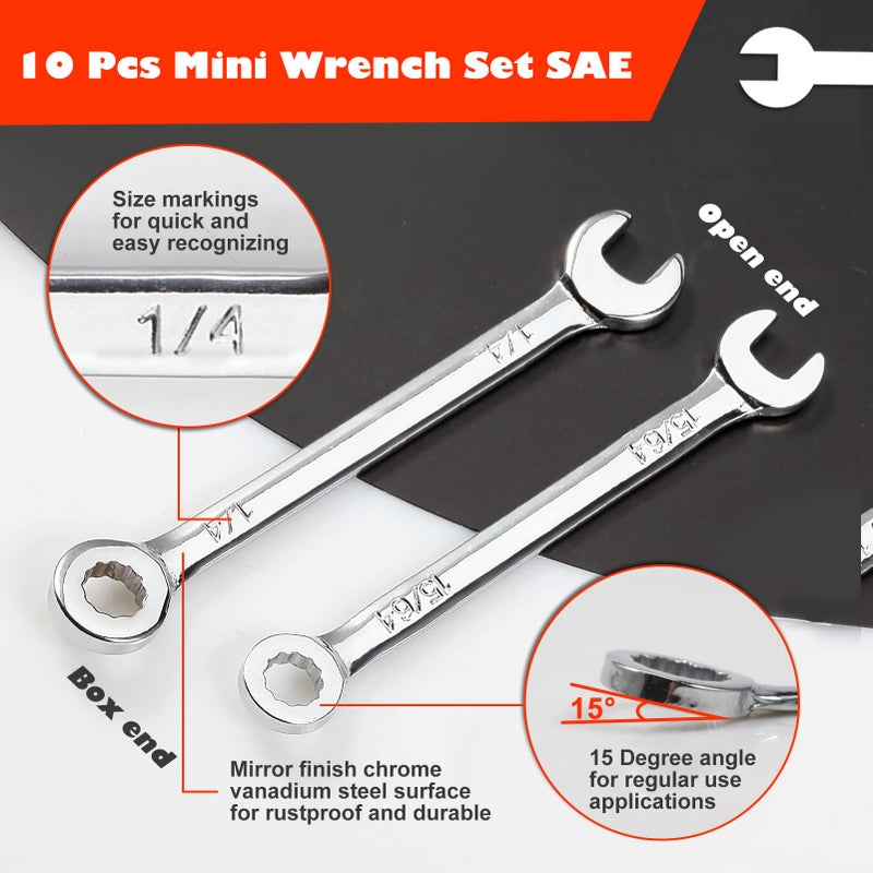 LEONTOOL Mini Wrench Set Sae 10 Pcs 5/32" To 7/16" Standard Combination Ignition Wrench Set Small Open End and Box End Spanner with Key Ring for Automotive Technicians and Industrial Users - Image 2