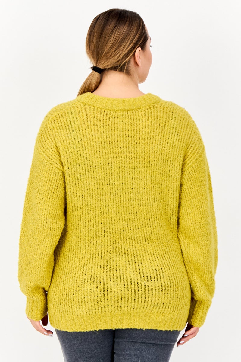 ESPRIT Women Ribbed Neck Knitted Sweater, Mustard - Image 3