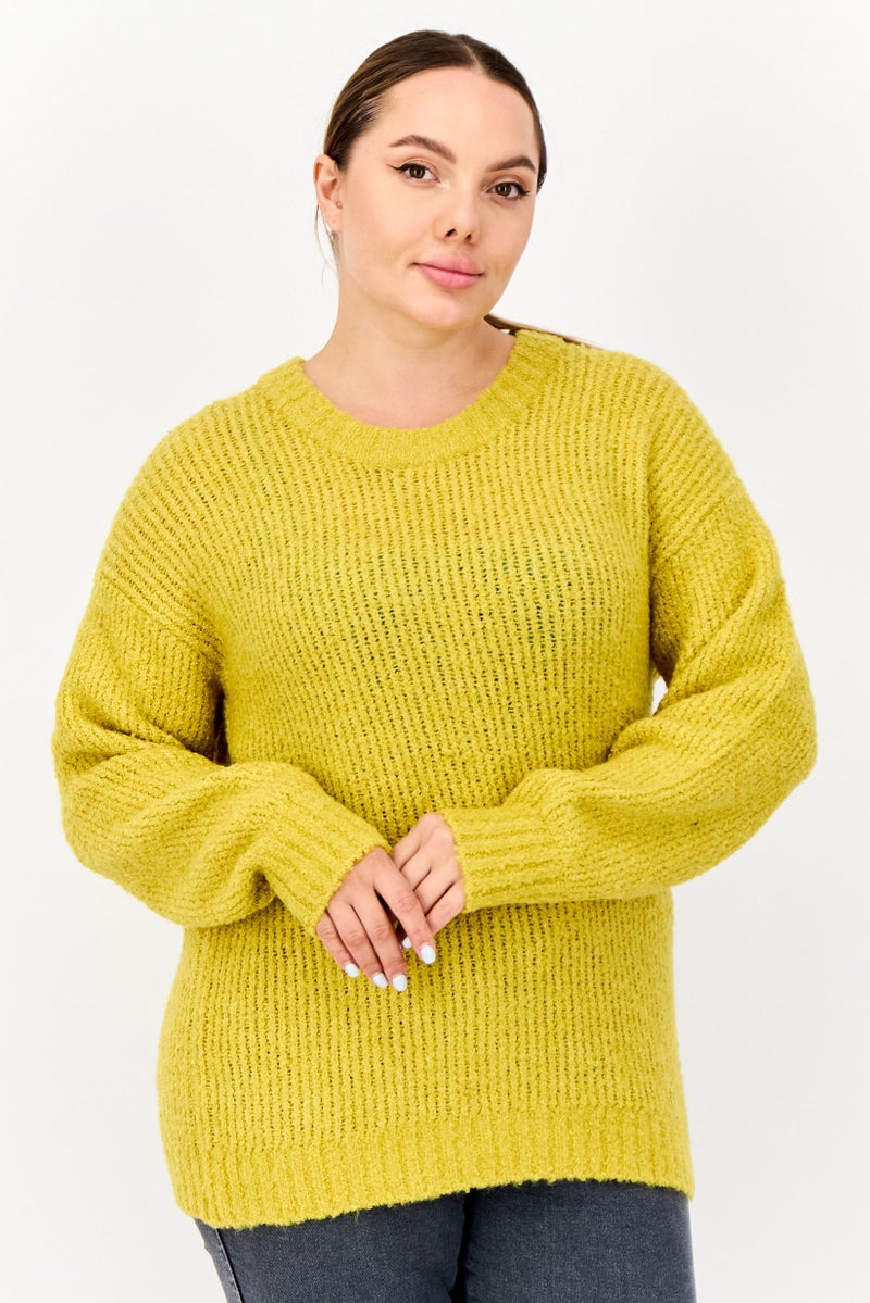 ESPRIT Women Ribbed Neck Knitted Sweater, Mustard - Image 1