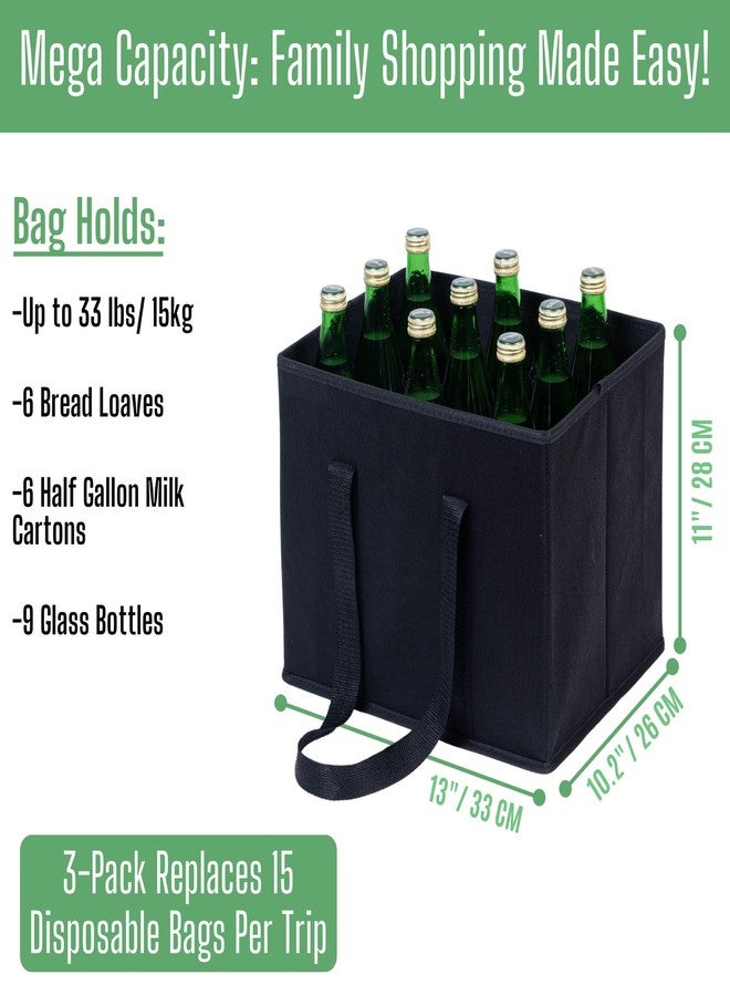 VENO 3 Pack Reusable Grocery Bags, Shopping Bags for groceries, Utility Tote with Handles and Hard Bottom, Foldable Shopping Cart Organizer, Multi-Purpose, Heavy-Duty (Black, 6 Gallon-3 Pack) - Image 2