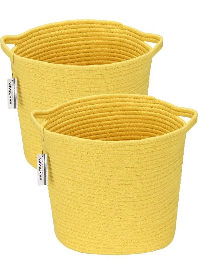 Sea Team Sea Team 2-Pack Oval Cotton Rope Woven Storage Basket with Handles, Diaper Caddy, Nursery Nappies Organizer, Baby Shower Basket for Kid's Room, 14.2 x 9 x 11.4 Inches (Medium Size, Yellow)  - Image 2