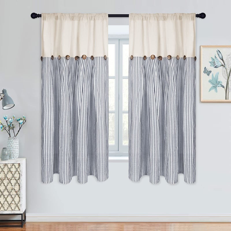 Farmhouse Cotton Linen Boho Curtains  Rustic Button Boho Style Blue Stripe Color Block for Bedroom  Living Room 52 x 63 Inch 2 Panels