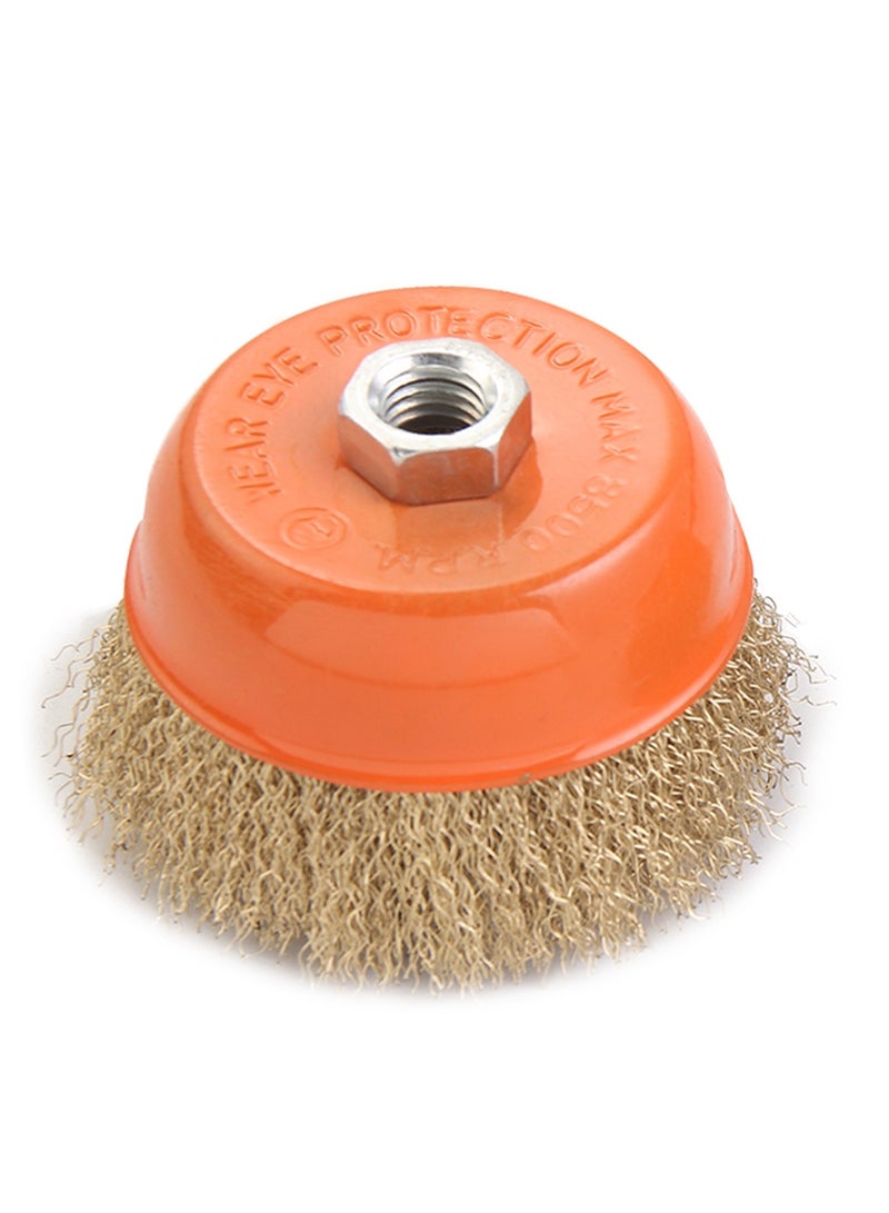 KSEIBI Crimped Cup Brush 75 mm. Coarse Brass Coated Brush, Angle Grinder Attachments, For Cleaning Rust, Flakes, Metal, Brass Coated Carbon Crimped for Polishing, Deburring, Degreasing and Corrosion Removal.  - Image 1