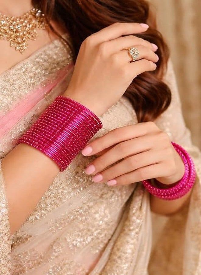 BANGLESKART Glass Bangles for Women Designer Golden Beaded Chudi Set Traditional Ethnic Wedding & Festival Wear Lightweight Ladies Bangles Rani Pink - Image 4