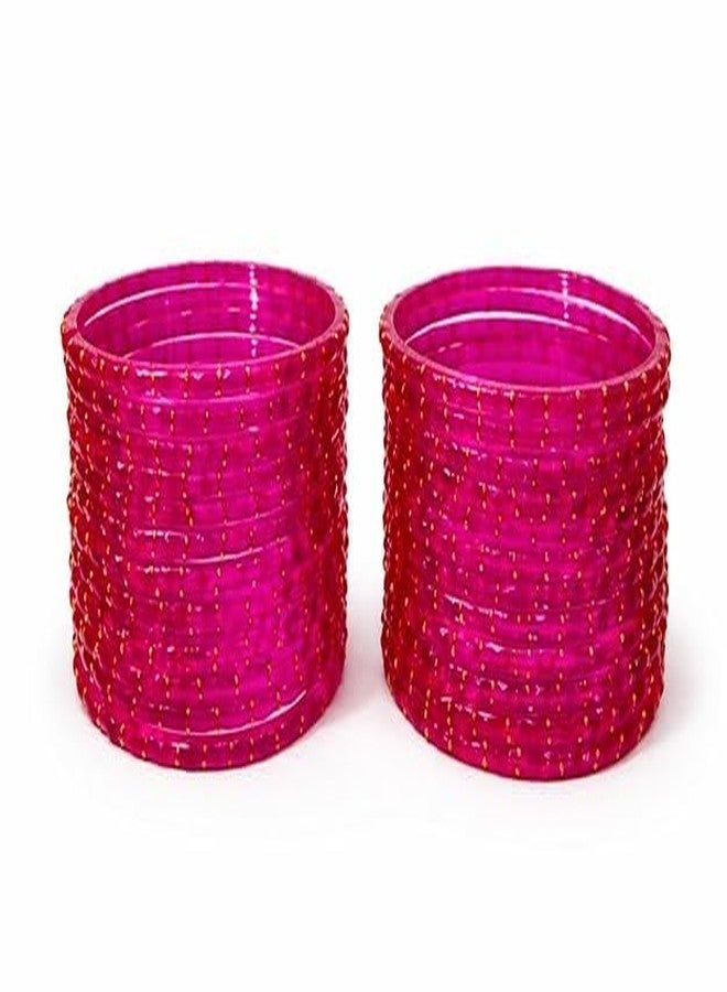 BANGLESKART Glass Bangles for Women Designer Golden Beaded Chudi Set Traditional Ethnic Wedding & Festival Wear Lightweight Ladies Bangles Rani Pink - Image 3