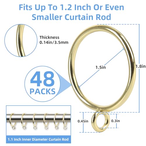 Manysky Curtain Rings with Eyelets, 48 Pack Metal Drapery Rings for Pinch Pleat Curtains Panels, Drape Rings Fits Up to 1.2 in Curtains Rod, 1.5 Inch I D Glossy Gold - Image 2