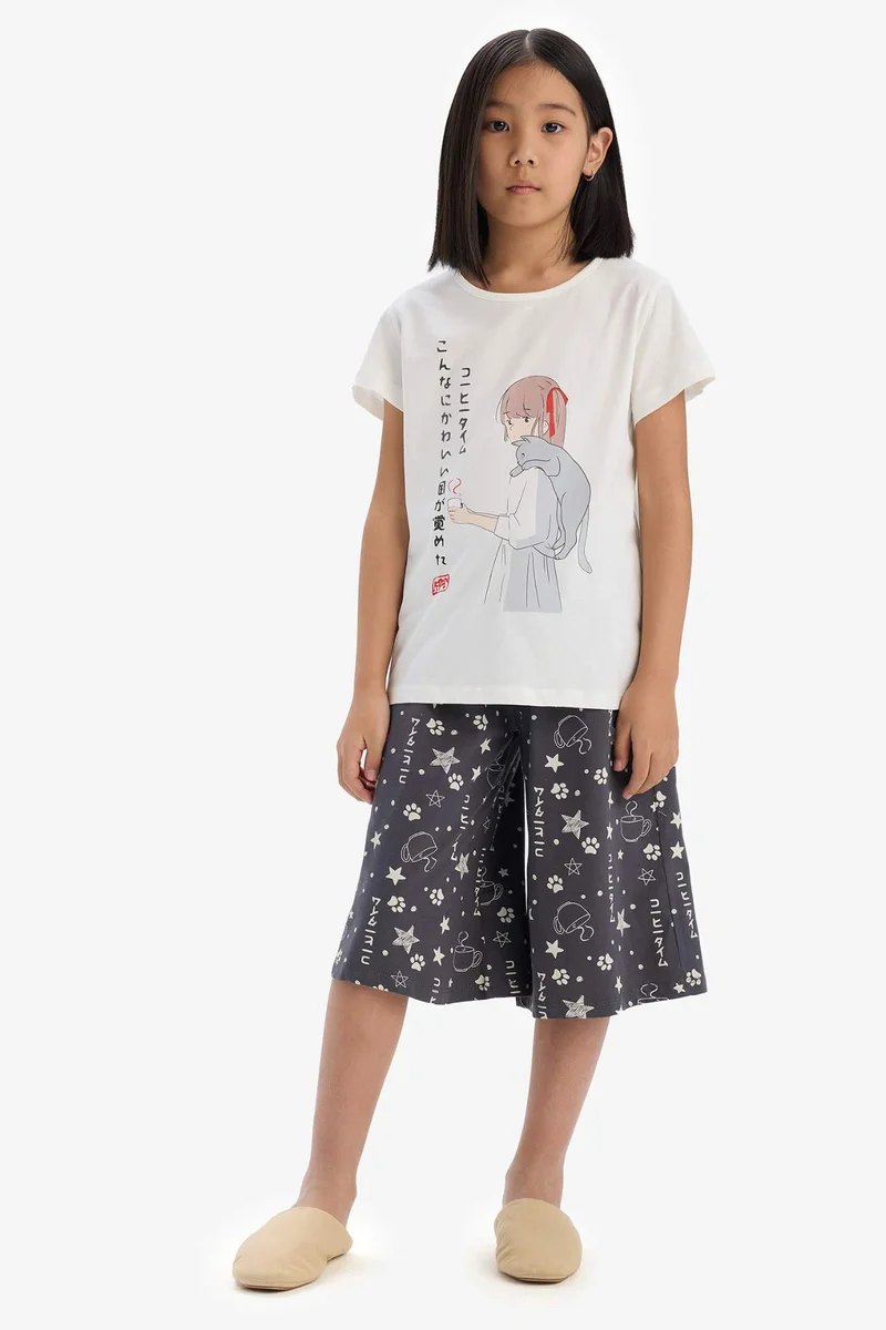 DeFacto Girl Printed Short Sleeve Top Bottom 2 Piece Pyjamas Set