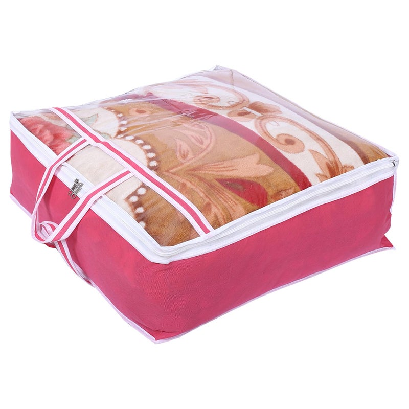 Kuber Industries غطاء بطانية من كوبر إندستريز غطاء بطانية غير منسوج حقيبة تخزين بسحاب لتنظيم البطانيات مع نافذة شفافة علوية كبيرة جداً وردية 53 سم 22 سم - Image 1