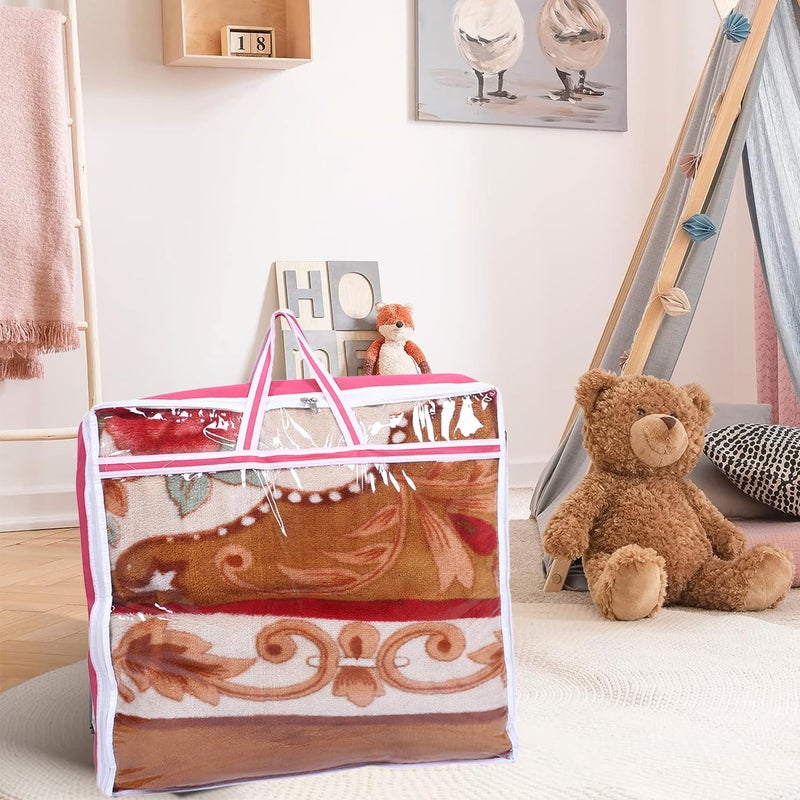 Kuber Industries غطاء بطانية من كوبر إندستريز غطاء بطانية غير منسوج حقيبة تخزين بسحاب لتنظيم البطانيات مع نافذة شفافة علوية كبيرة جداً وردية 53 سم 22 سم - Image 5