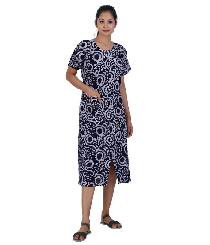 MENMAII Women's [L-4XL] Full Open /Front Buttoned [a kind of Adaptive Clothing]Multipurpose Nighty for Maternity/Pregnancy /Elderly /Patient/Feeding /Hospital Purpose Nighty(DarkNavy Batik - XXL/ Calf Length - Image 1