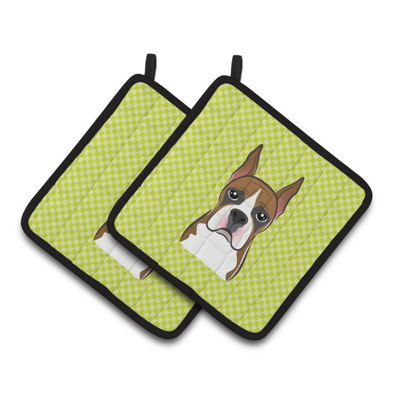 Caroline's Treasures ""Caroline's Treasures Checkerboard Lime green Boxer Pair of Pot Holders BB1285PTHD  7.5HX7.5W  Multicolor"" 