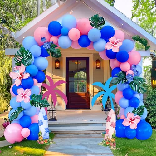froufing Pastel Blue and Pink Balloon Garland Arch Kit 132Pcs royal blue and baby pink Balloons for Summer Hawaii gender reveal Baby shower Hawaii cartoon halloween trunk or treat birthday party decorations - Image 1