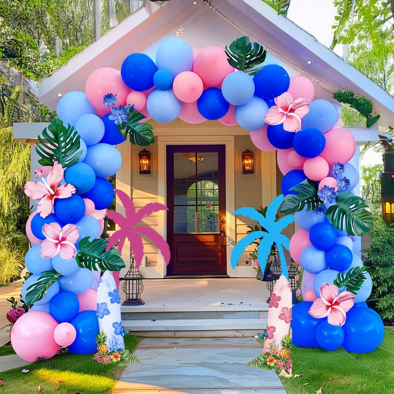 froufing Pastel Blue and Pink Balloon Garland Arch Kit 132Pcs royal blue and baby pink Balloons for Summer Hawaii gender reveal Baby shower Hawaii cartoon halloween trunk or treat birthday party decorations - Image 2