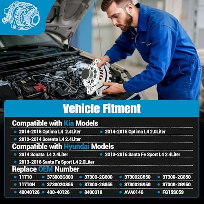 keriolee 11710N Alternator Replacement For 2014 2015 Kia Optima, 2012-2014 Sorento, 2014 Hyundai Sonata, 2013-2016 Santa Fe Sport, 2.0 2.4L, 37300-2G800 37300-2G850 37300-2G855 37300-2G950 - Image 5