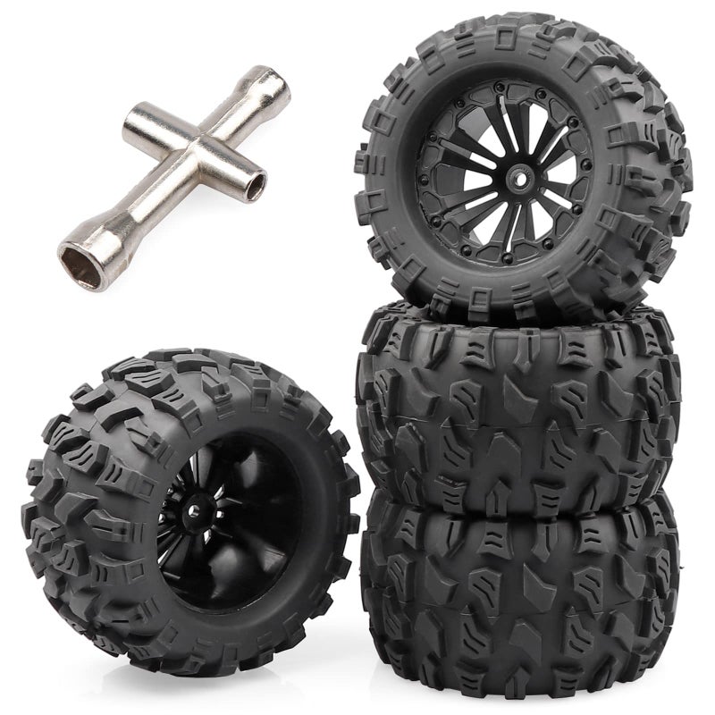 Aimrock 4pcs PreGlued 12mm Hex 28 RC Wheels and Tires OD 5 with Wrench for 110 Traxxas Hoss Stampede Rustler HSP Redcat Volcano RC Monster Truck Tires Wheels OffRoad RC Car - Image 3