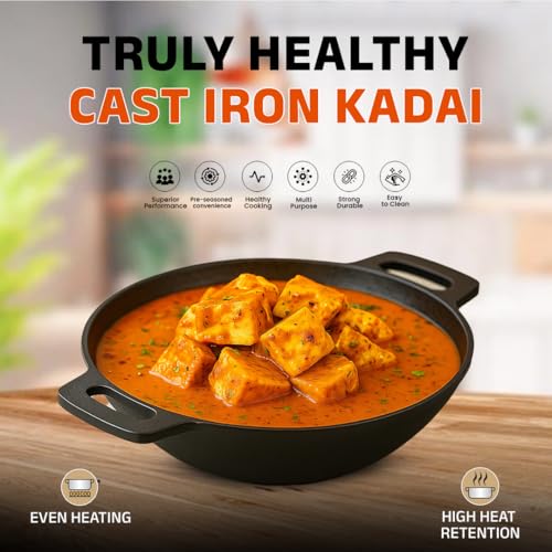 RASA Cookware Pre-Seasoned Cast Iron Kadai with Convenient Handle | 10 Inch/25 cm, 2.5 Kg | Naturally Nonstick Wok/Kadhai for Cooking | Induction & Gas Stove Compatible | Pure & Toxin-Free - Black - Image 3