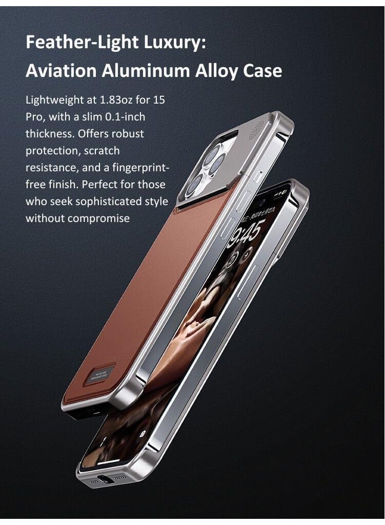 غطاء جلد من سبائك الألومنيوم للطيران لهاتف iPhone 15 Pro Max ، جراب معدني رفيع ، حافظة هاتف جلدية خفيفة الوزن من أعلى الحبوب ، متوافق مع Magsafe ، ناشر عطر مدمج ، فضي تيتانيوم - Image 2