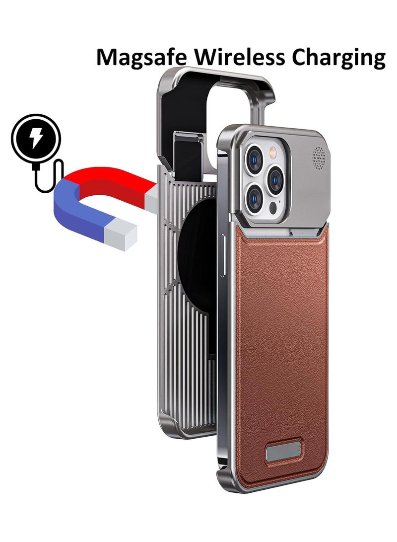 غطاء جلد من سبائك الألومنيوم للطيران لهاتف iPhone 15 Pro Max ، جراب معدني رفيع ، حافظة هاتف جلدية خفيفة الوزن من أعلى الحبوب ، متوافق مع Magsafe ، ناشر عطر مدمج ، فضي تيتانيوم - Image 4