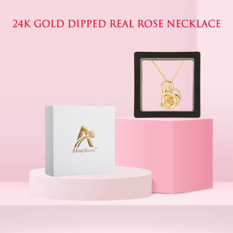 AliveRose 24K Gold Dipped Rose Dangle Necklace, 24K Gold Dipped Real Rose Dangle necklace gift for Women, Wife on Anniversary Valentine's Day Birthday Mother's Day (Heart Ivory) - Image 4