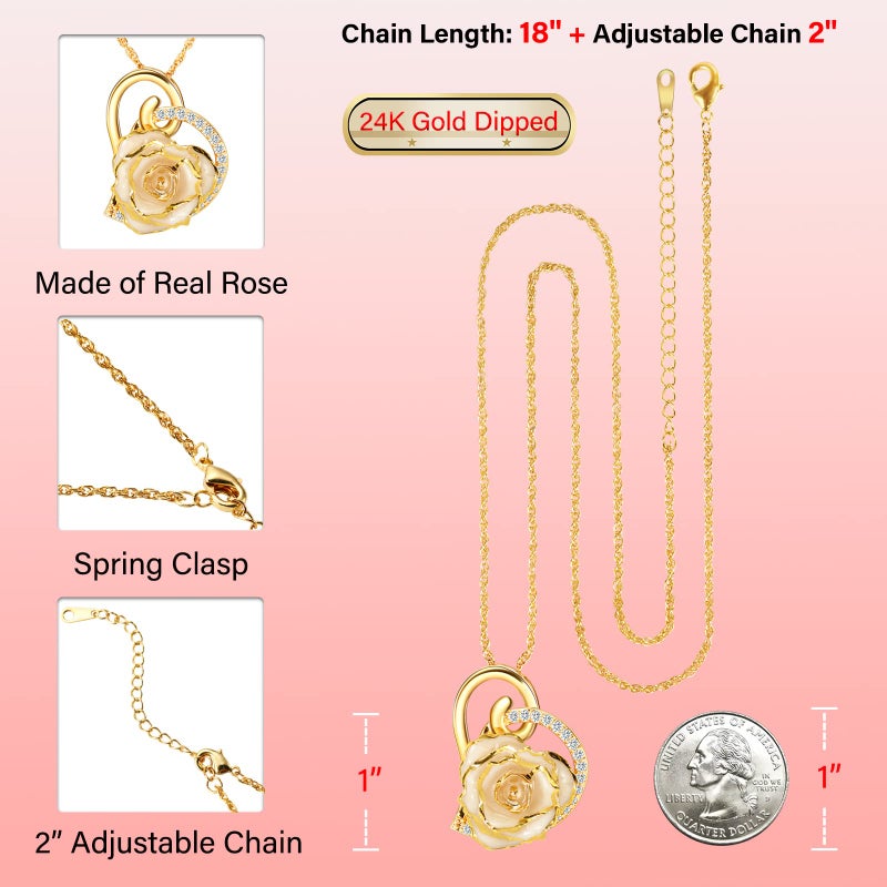 AliveRose 24K Gold Dipped Rose Dangle Necklace, 24K Gold Dipped Real Rose Dangle necklace gift for Women, Wife on Anniversary Valentine's Day Birthday Mother's Day (Heart Ivory) - Image 3